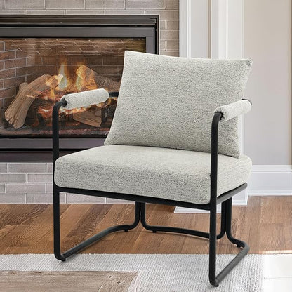 Single Accent Chair for Living Room, Mid Century Modern Upholstered Reading Armchair for Bedroom, Office, with Comfy Chenille Cushion Back & Metal Frame, Light Grey