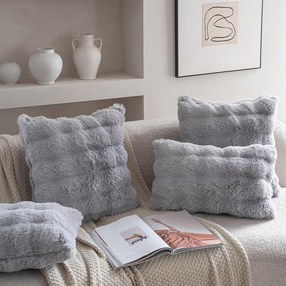 Neelvin Gray Faux Fur Cozy Soft Double-Sided Decorative Throw Pillow Covers 12x20 inch Set of 2,Velvet Pillowcase Cushion Case for Sofa Couch