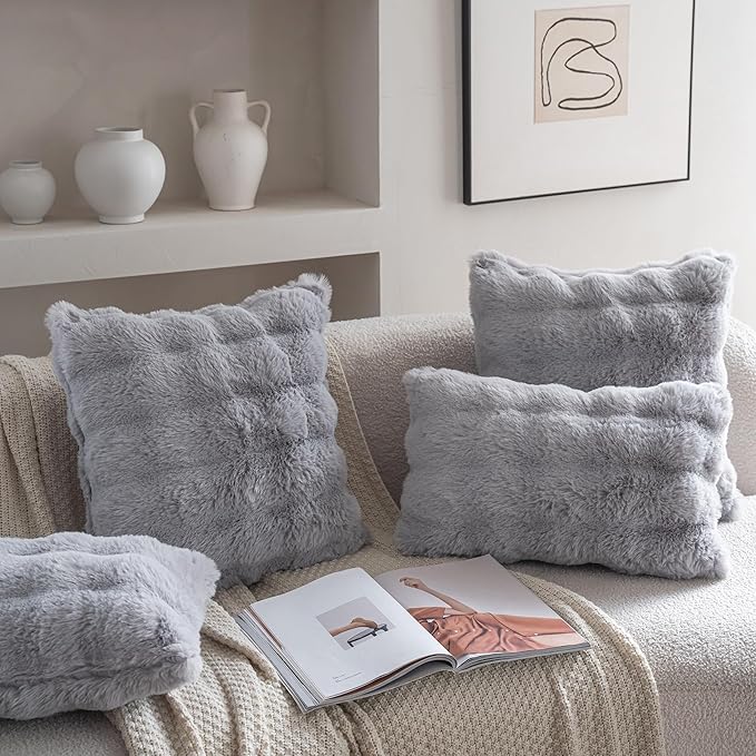 Neelvin Gray Faux Fur Cozy Soft Double-Sided Decorative Throw Pillow Covers 20x20 inch Set of 2,Velvet Pillowcase Cushion Case for Sofa Couch