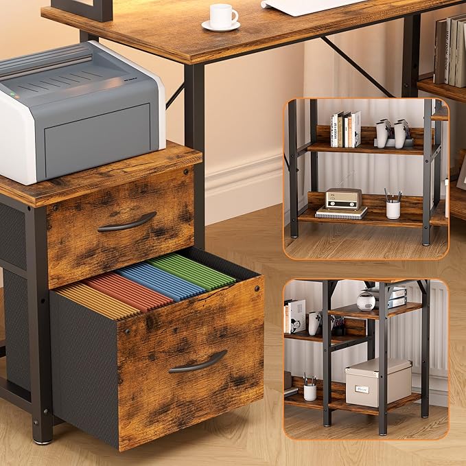 Office Desk L Shape with File Drawers&Power Outlet,YOUNGAR 69.3 Inch Reversible L Shaped Computer Desks,Corner L Shape or Long Desk Set up Monitor Stand &Storage Shelves, LED Lights &CPU Stand,Vintage