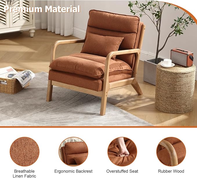 INZOY Accent Chairs Set of 2, Mid Century Modern Accent Chair with Wood Frame, Upholstered Reading Armchair with Waist Cushion, Side Chair for Living Room Bedroom Office, Easy Assembly, Brown