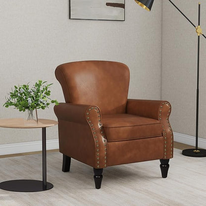 Accent Chair, Mid Century Modern Faux Leather Arm Chair with Wood Leg for Living Room, Bedroom, Comfy PU Leather Club Reading Chairs with Wingback & Nailhead Trim (Leather Brown, Set of 2)