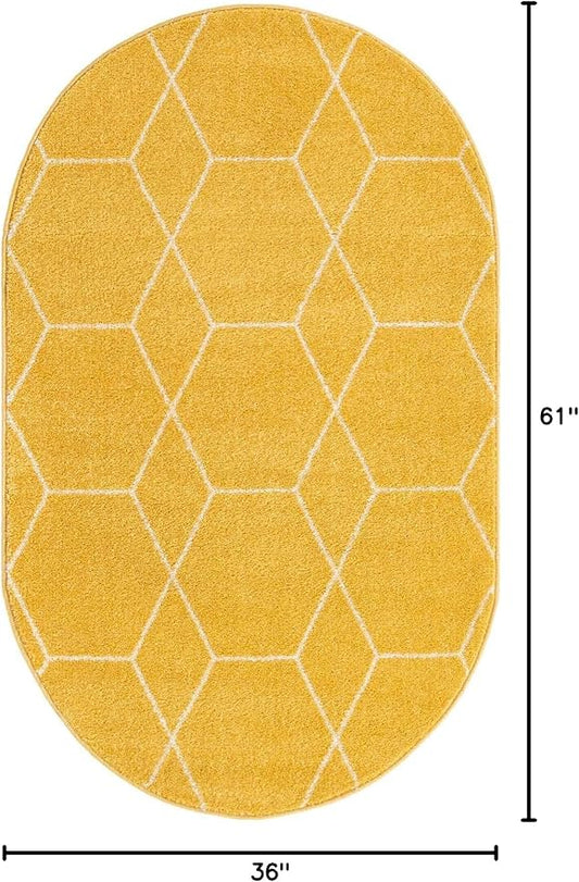 Unique Loom Trellis Frieze Collection Area Rug - Geometric (3' x 5' Oval, Yellow/ Ivory)