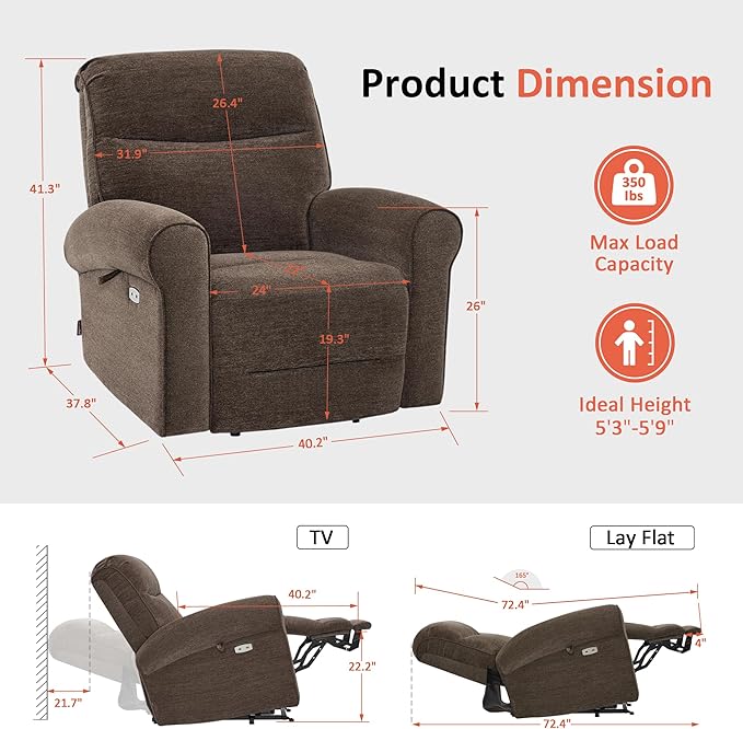 MCombo Dual Motor Power Lift Recliner Chair with Massage and Heat for Elderly, USB Ports, Lay Flat, Fabric 7666 (Dark Brown)