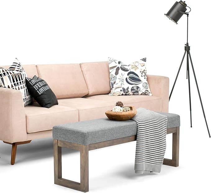SIMPLIHOME Milltown 45 inch Wide Contemporary Rectangle Large Ottoman Bench in Grey Linen Look Fabric, Assembled, for the Living Room and Bedroom