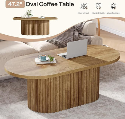 Tribesigns Oval Coffee Table, 47.2" Farmhouse Wooden Center Table with Fluted Design, for Living Room, Office, Apartment, Rustic Brown