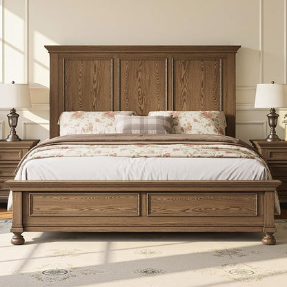 AMERLIFE Solid Wood King Bed Frame with 65.2" High Headboard, Traditional Platform Bed with Heavy Duty Slats, No Box Spring Needed, Easy Assembly, Light Brown