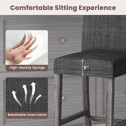 COSTWAY Counter Height Bar Stools Set of 4, 24.5’’ Upholstered Mid Century Modern Island Chairs with Rubber Wood Legs, Wooden Barstools for Kitchen, Dining Room, Bar, Restaurant (Grey)