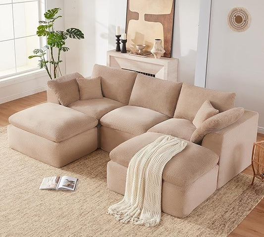 112" Cloud Sectional Couch, Boneless Couches for Living Room, U Shaped Couch with Convertible Ottoman, Modular Sectional Sofa with Deep Seat, Comfy Soft Cushions, No Assembly, Camel