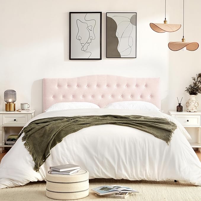 Tufted Upholstered Headboard Twin Size, Sturdy and Durable Solid Wood Bed headboard, Fabric Headboard Adjustable Height from 37” to 51”, Modern Button Diamond Design Head Board, Pink