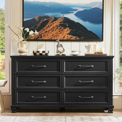 Farmhouse Bedroom Dresser and Nightstand Set of 4, 6 Drawer Low & 5 Drawers Dresser & 2 Drawer Nightstand Set, Rustic Wood Bedroom Furniture Set for Livingroom, Hallway, Black