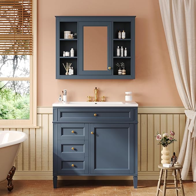 36" Bathroom Vanity with Matching Medicine Cabinet, Modern Sink Storage Cabinet with Drawers, Soft Closing Doors and Shelf, Bathroom Vanities with Sink & Mirror