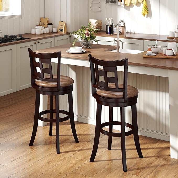 COSTWAY Set of 2 Bar Stools, 30” Swivel Bar Chairs with Footrest, Rubber Wood Frame & Lattice Backrest, Leathaire Bar Height Stools for Kitchen Island (2, 30”)