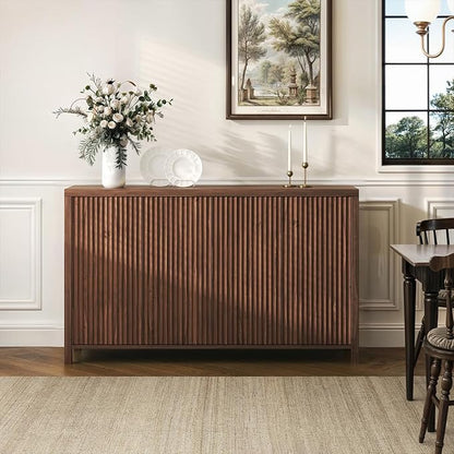 YOUDENOVA Fluted Buffet Cabinet with Storage, Modern Sideboard Cabinets with 4 Doors & Adjustable Shelves, Accent 56” Credenza Storage Cabinet, Wood Entryway Cabinet for Living Room Hallway, Brown