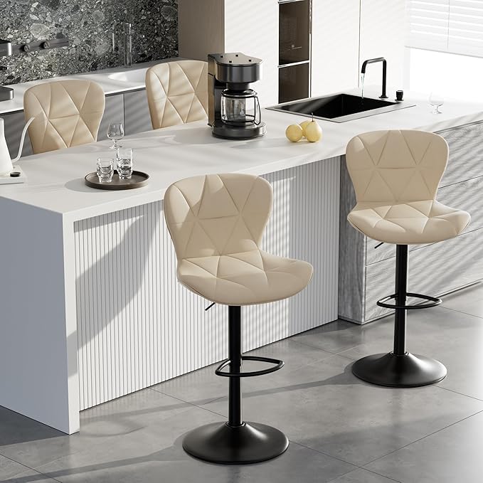 Bar Stools Set of 4,Adjustable Swivel Barstools, Faux Leather Bar Chairs,Upholstered Counter Height with High Backrest for Kitchen Island, Khaki