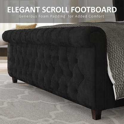 AMERLIFE King Size Platform Bed Frame, Velvet Upholstered Sleigh Bed with Scroll Wingback Headboard & Footboard/Button Tufted/No Box Spring Required/Easy Assembly/Black