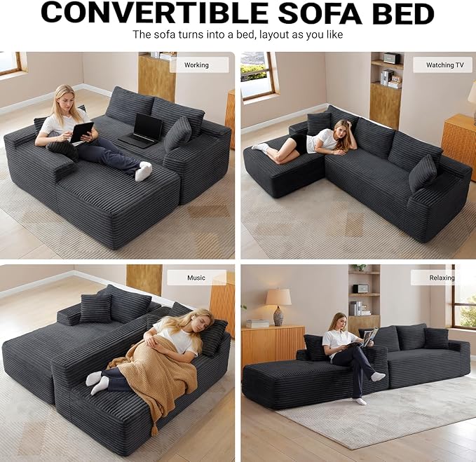 108 Inch Cloud Sectional Couch,Modern Modular Sectional Sofa with Deep Seat,Corduroy Boneless Couches with L-Shape Chaise for Living Room,No Assembly Required (Black, Left Facing Chaise + Ottoman)