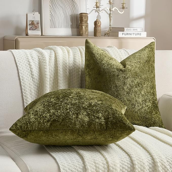 FUTEI Moss Green Flannel Throw Pillow Covers 22x22 Inch Set of 2,Soft Dimensional Textured Cushion Cases,Modern Home Decor for Couch Living Room