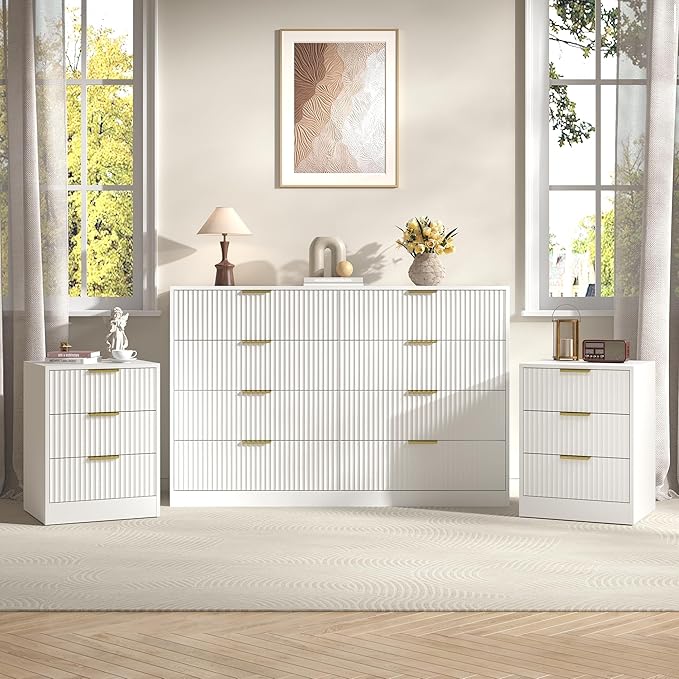 3-Piece Modern Bedroom Furniture Set, Wide 8-Drawer Dresser & 3-Drawer Nightstands Set of 2, Natural Wood Dresser and Nightstand Sets for Bedroom, Hallway, White