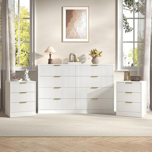 3-Piece Modern Bedroom Furniture Set, Wide 8-Drawer Dresser & 3-Drawer Nightstands Set of 2, Natural Wood Dresser and Nightstand Sets for Bedroom, Hallway, White