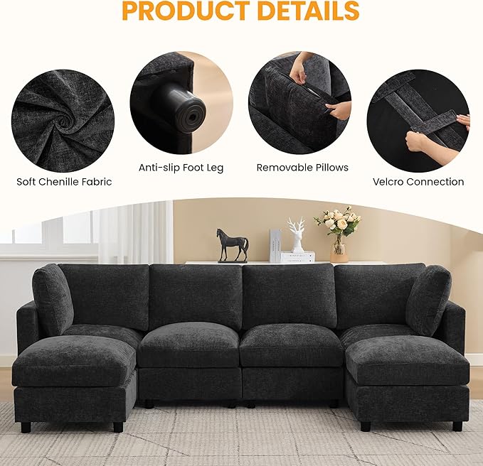 3-Seater Modular Sectional Cloud Sofa with Ottoman, L-Shaped Couch for Living Room, Modern Convertible Deep Seats Sofa, Chenille Dark Grey