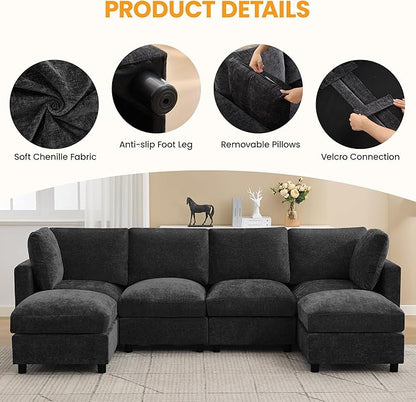 3-Seater Modular Sectional Cloud Sofa with Ottoman, L-Shaped Couch for Living Room, Modern Convertible Deep Seats Sofa, Chenille Dark Grey