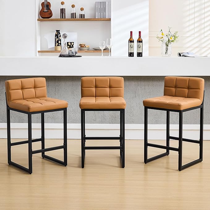 Bar Stools Set of 3, Upholstered PU Leather Counter Height Barstools with Low Back and Thickened Metal Legs, Modern Island Chairs for Kitchen Island (Caramel Brown, 3Pcs 26" Bar Stools)