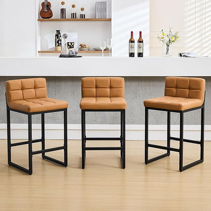 Bar Stools Set of 3, Upholstered PU Leather Counter Height Barstools with Low Back and Thickened Metal Legs, Modern Island Chairs for Kitchen Island (Caramel Brown, 3Pcs 26" Bar Stools)