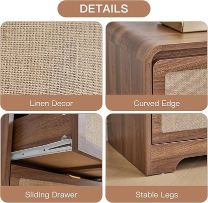 6 Drawer Dresser for Bedroom, 48" Wide Curved Wooden Dresser with Natural Linen & Metal Handle, Mid Century Modern Chest of Drawers Closet Clothes Storage Organizer for Living Room, Walnut