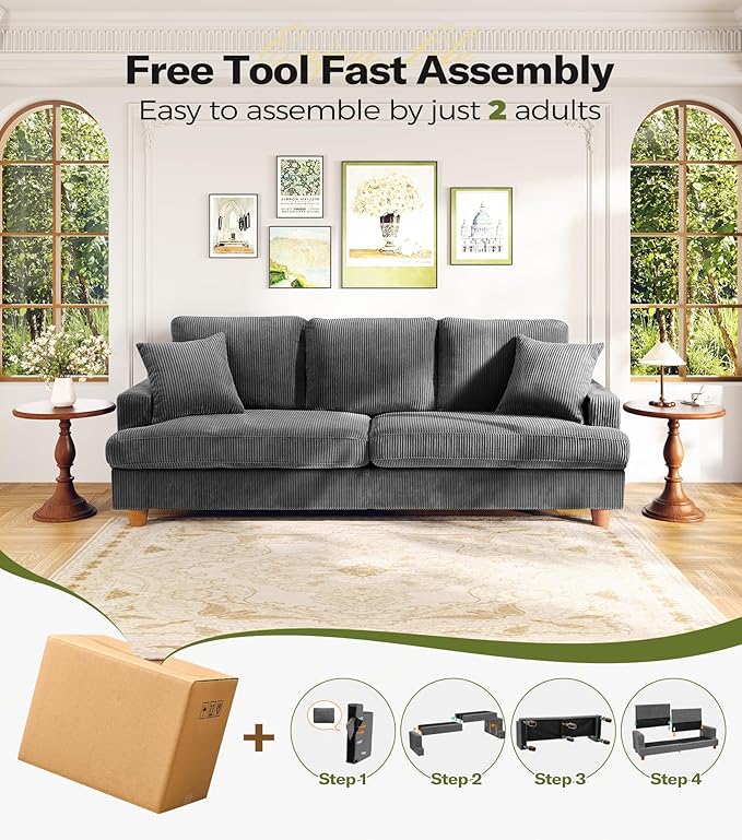 Kidirect 87in Corduroy Couch, Sofa No Tool Assembly, Comfy Couches for Living Room 21in Deeper Seats, Corduroy Sofas for Living Room with 2 Pillows, Oversized Loveseat Sofa, Boho Love Seat Grey Couch