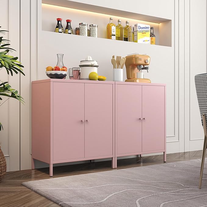Metal storage Cabinets with 2 Doors，Small Pantry Cabinet, Storage Closet with Adjustable Shelf and High Feet, Pink Cabinet for Home, Office, Living Room,Dining Room,Sideboard, Hallway and Entryway