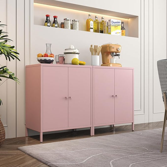 Metal storage Cabinets with 2 Doors，Small Pantry Cabinet, Storage Closet with Adjustable Shelf and High Feet, Pink Cabinet for Home, Office, Living Room,Dining Room,Sideboard, Hallway and Entryway