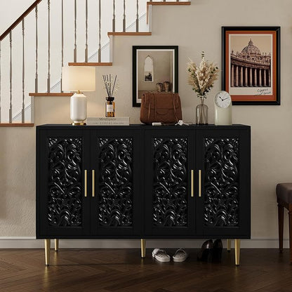 ARTPOWER 47.8" Accent Cabinet with 4 Doors, Vintage Hollow Carving Buffet Cabinet, Sideboards and Buffets with Storage, Credenza for Living Room, Kitchen, Dining Room, Entryway, Hallway, Black