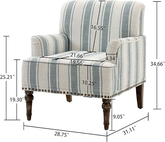 UIXE Stripe Accent Chairs Set of 2, Living Room Arm Chair Modern Nailhead Trim Club Armchair, Comfy Upholstered Sofa Lounge Seat Reading Seat Bedroom Side Seating for Home Office, Blue