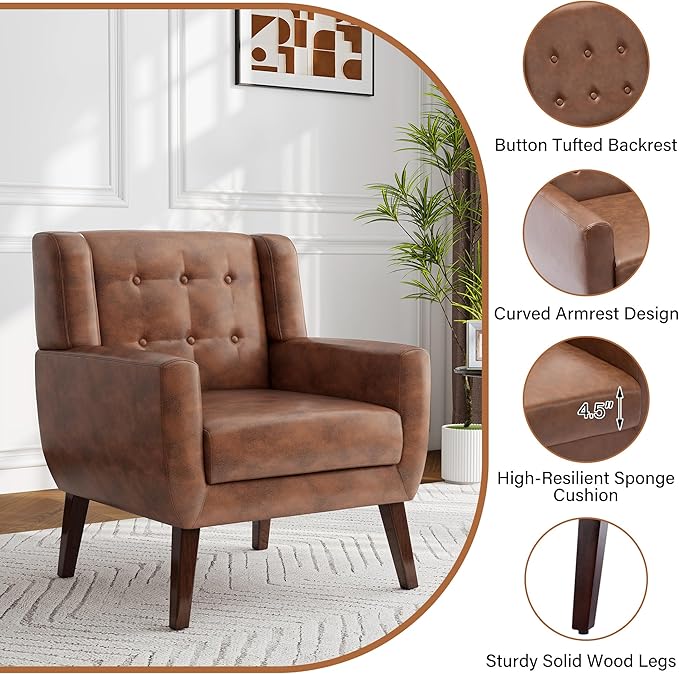 Accent Chairs Set of 2, Modern Faux Leather Armchairs for Living Room, Comfy Upholstered Arm Chairs Tufted for Indoor Bedroom Office Room (P Coffee)