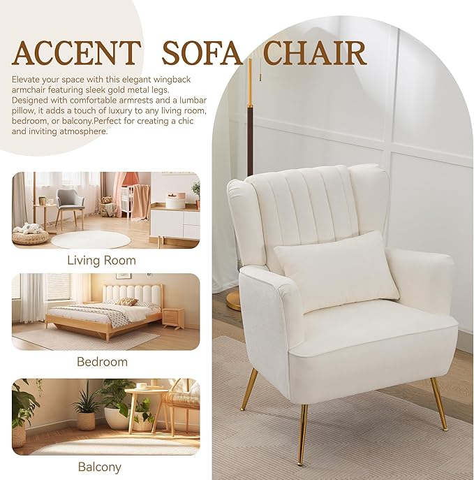 Fabric Accent Living Room Arm Chair with Pillow & Golden Legs, 8.5" Thick Cushion, Mid Century Modern Wingback Chairs Upholstered Comfy Sofa Armchair for Reading Room/Bedroom, White