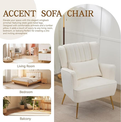 Fabric Accent Living Room Arm Chair with Pillow & Golden Legs, 8.5" Thick Cushion, Mid Century Modern Wingback Chairs Upholstered Comfy Sofa Armchair for Reading Room/Bedroom, White