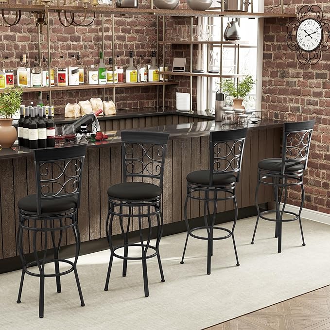 Giantex 30" Swivel Bar Stools Set of 2, Bar Height Bar Stools with Back, Upholstered PU Leather Seat, Footrest, Max Load 330Lbs, Vintage Metal Barstools for Kitchen Island, Dining Room, Pub, Black
