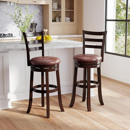 COSTWAY 30” Bar Height Stools Set of 2, Swivel l High-Top Chairs with Backrest & Faux Leather Padded Seat, Rubber Wood Barstools with Footrest for Kitchen, Dining Room, Pub (2,30'')
