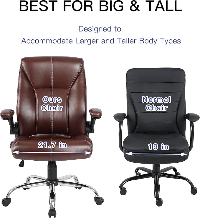 Big and Tall Office Chair for Heavy People, Executive Desk Computer Chair Adjustable Flip-up Armrests, PU Leather Swivel Task Chair with Ergonomic High Back and Lumbar Support（Brown