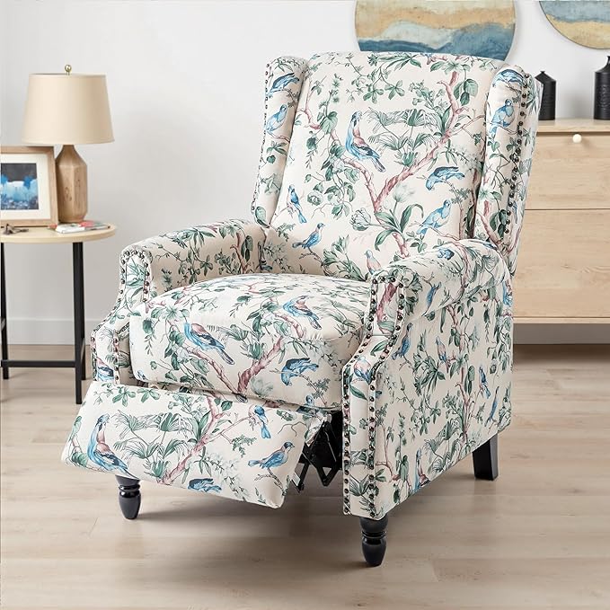 UIXE Pushback Floral Recliner Chair, Fabric Upholstered Armchair Push Back Accent Chair for Living Room, Rivet Trim Club Chair Home Theater Single Sofa Bedroom Reading Seat - Bird