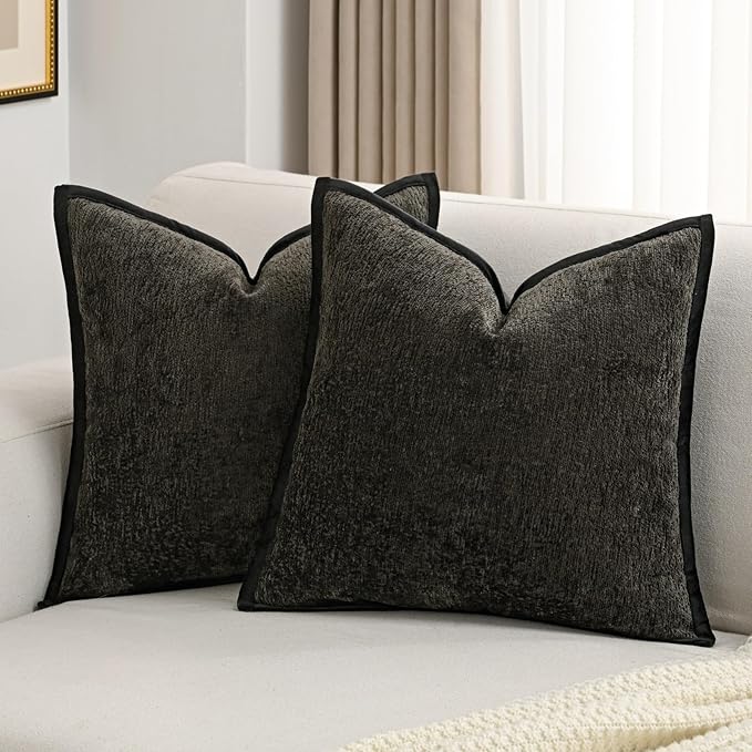 FUTEI Black Chenille Throw Pillow Covers 16x16 Inch Set of 2,Soft Cozy Bound Edge Design Cushion Case,Home Decor for Couch Bed Living Room