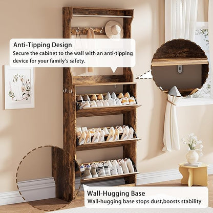 Shoe Storage Cabinet, Wood Shoe Organizer for Entryway with 3 Flip Drawers, Freestanding Shoe Rack with Adjustable Shelf, Narrow Shoe Dresser for Front Door Entrance(Brown, 78.74" x 31.5" x 9.37")