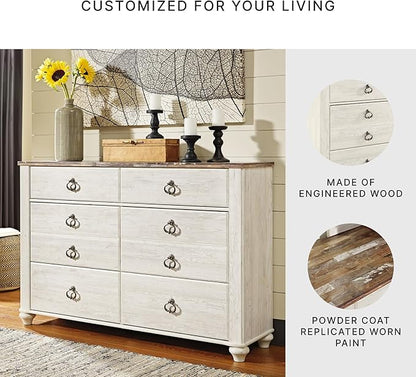Signature Design by Ashley Willowton Coastal Cottage 6 Drawer Dresser with Faux Plank Top, Whitewash