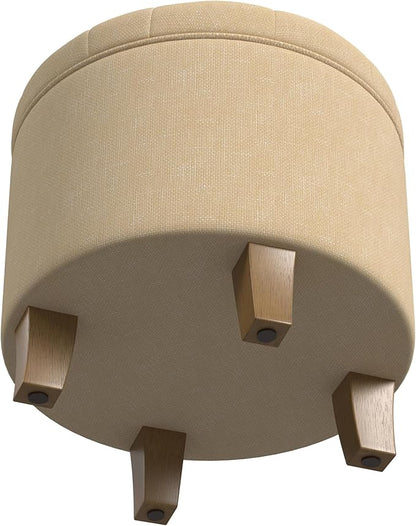 HomePop by Kinfine Fabric Upholstered Round Storage Ottoman - Button Tufted Ottoman with Removable Lid, Light Tan Textured Solid