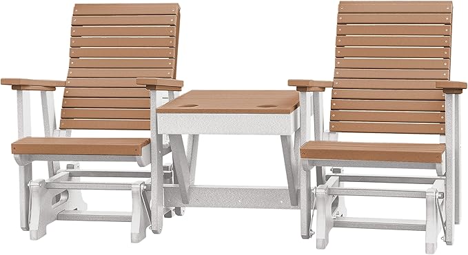 DutchCrafters Modern Horizontal Slat High Back Poly Double Glider Chairs with Center Table Outdoor Patio Furniture (White & Cedar)