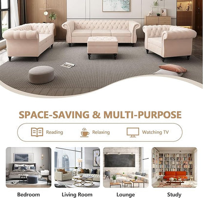 2 Piece Living Room Sofa Set, 3 Seater Velvet Sofa Couch and Chair Set, Mid Century Modern Upholstered Couch with Cushions, Comfy Tufted Chesterfield Couches for Living Room, Bedroom, Office
