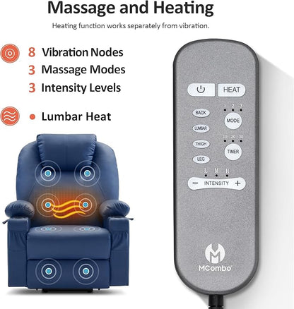 MCombo Dual Motor Large Power Lift Recliner Chair for Elderly, Lay Flat Lift Chair with Heat and Massage, Big Lift Recliner for Tall People, Faux Leather 7815 (Blue, Large)