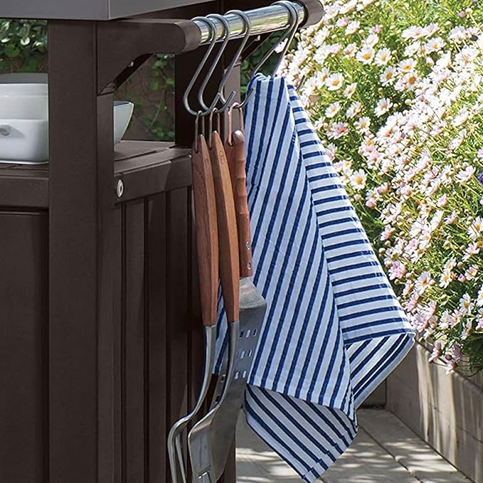 Keter Unity Portable 40 Gal Outdoor Table and Storage Cabinet w/Accessory Hooks, Stainless Steel Top for Patio Kitchen Island or Bar Cart, Dark Brown