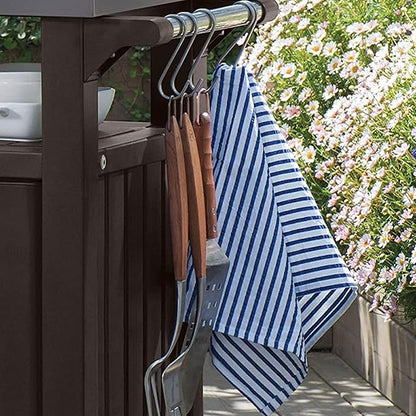 Keter Unity Portable 40 Gal Outdoor Table and Storage Cabinet w/Accessory Hooks, Stainless Steel Top for Patio Kitchen Island or Bar Cart, Dark Brown